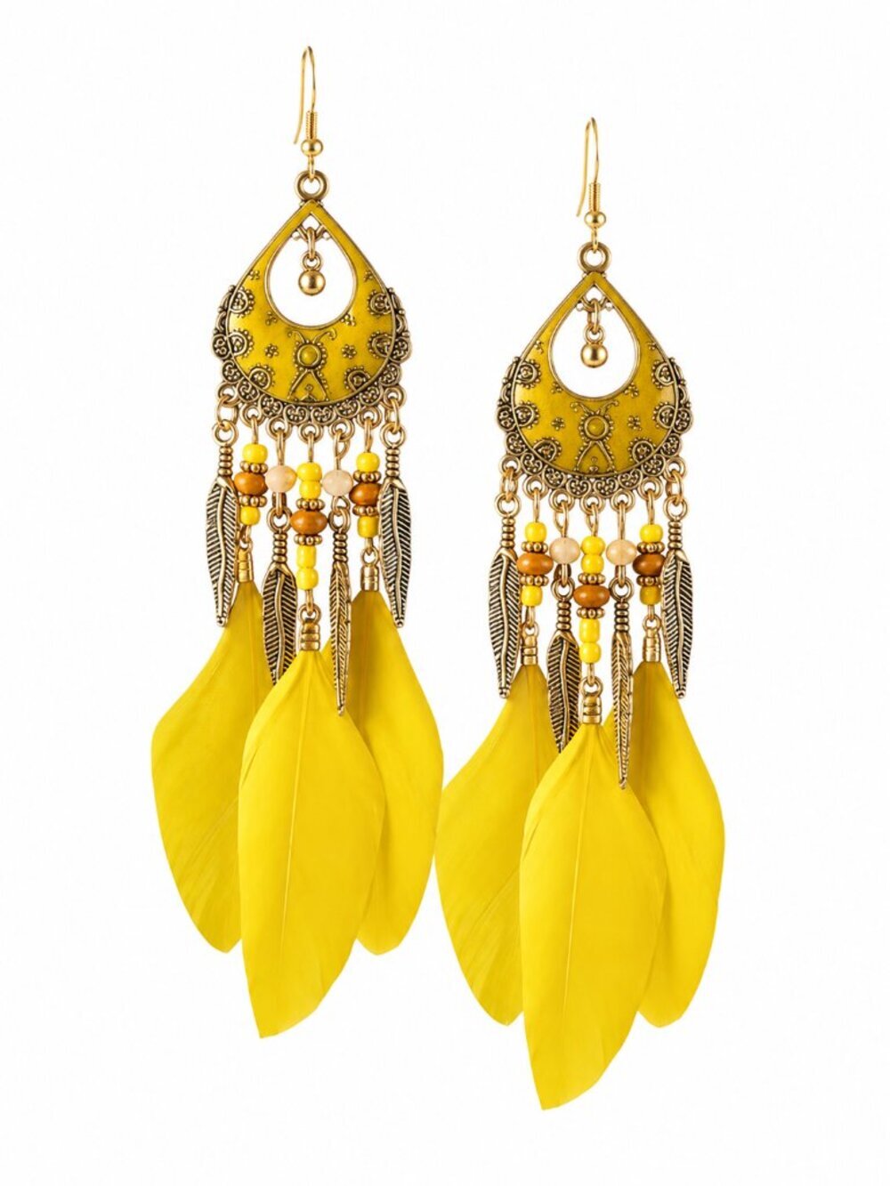 🆕 Boho Gold Tone Long Yellow Feather Dangle Earrings Statement Jewelry NWOT
